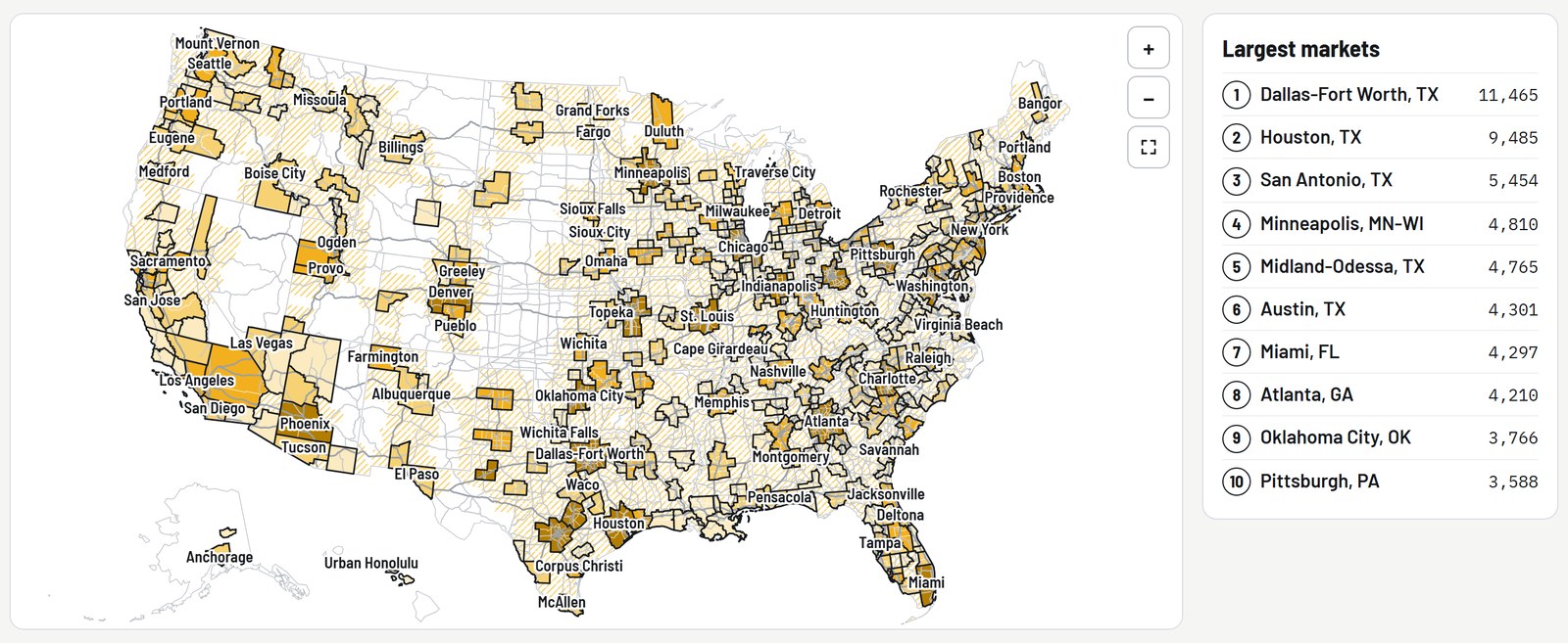 The HaulStanding Markets map of the US, darker where more dump trucks work, beside the 10 largest markets.